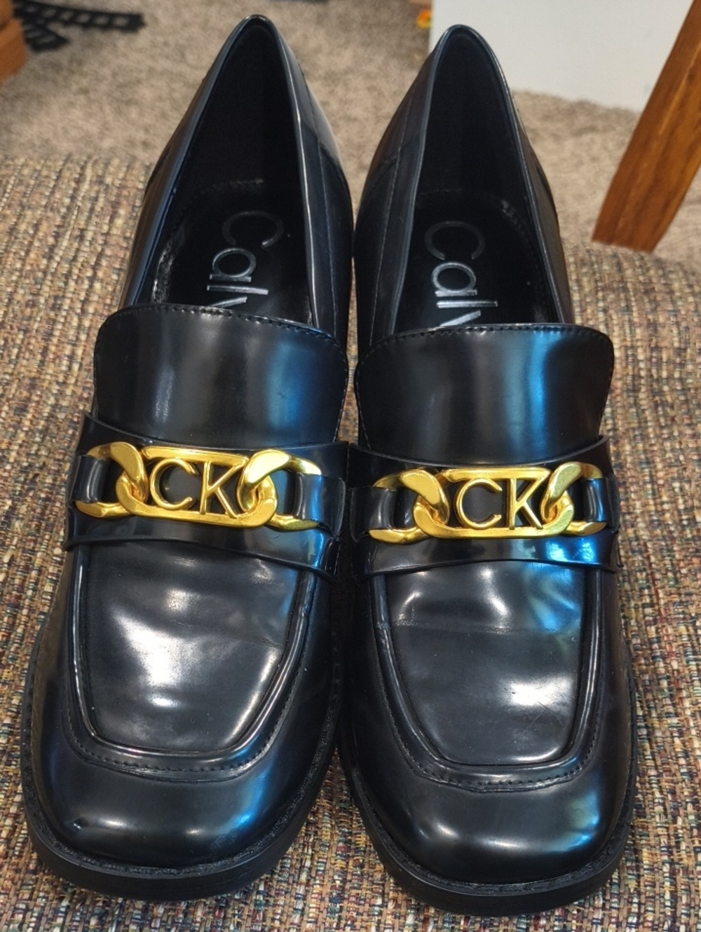 Calvin Klein Black Leather Loafers with Gold CK Chain